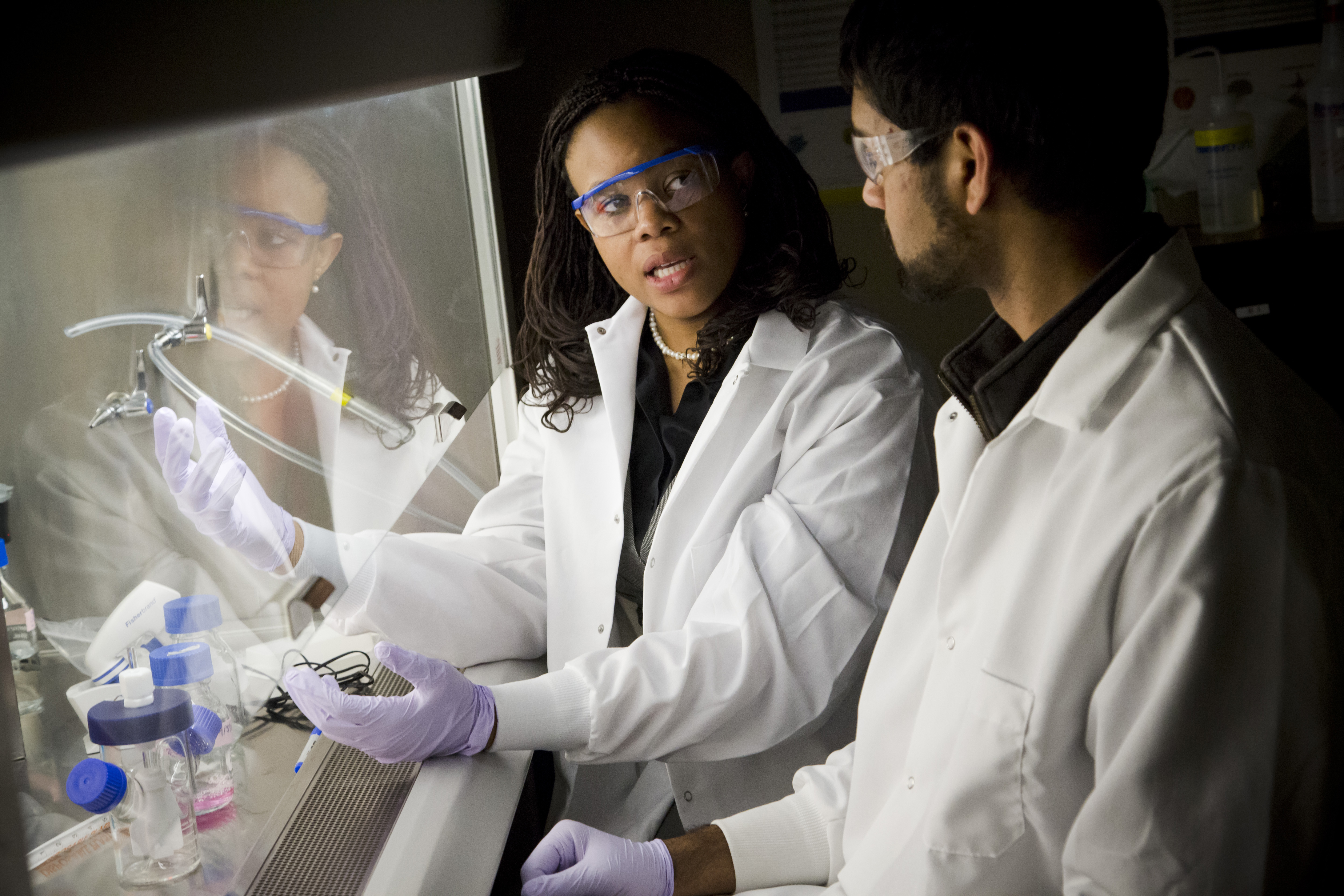 A professor and student work in a bioengineering laboratory.